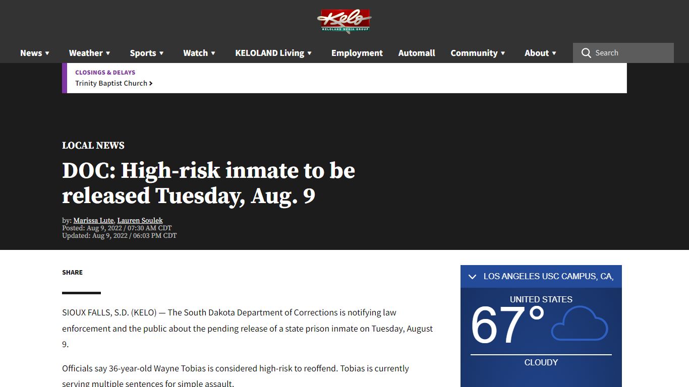 DOC: High-risk inmate to be released Tuesday, Aug. 9